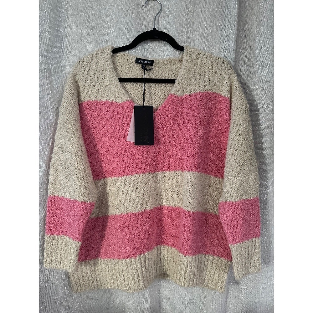 HN Knitwear Striped V-Neck Sweater Pink Cream Cozy Pullover Top Size S